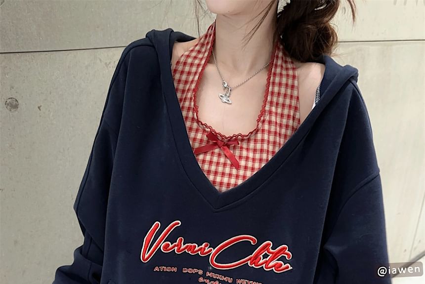 V-Neck Letter Embroidered Oversized Sweatshirt / Plaid Lace Trim Bow Cropped Halter Top