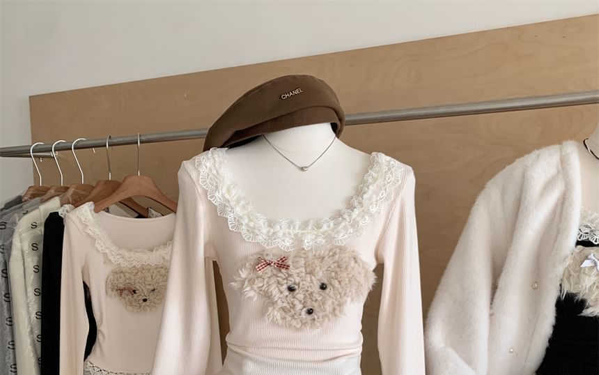 Patterned Ruffle Neck Panel Sleeve Long Scoop Cartoon Top