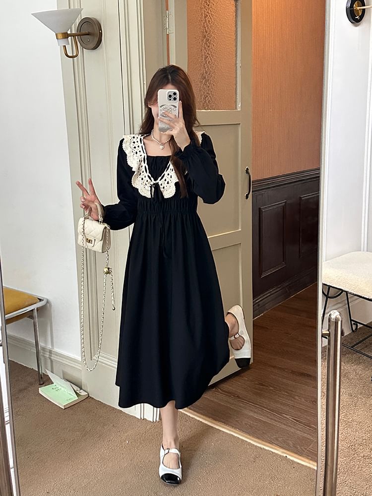 Long Sleeve Square Neck Lace Panel Midi A-Line Dress