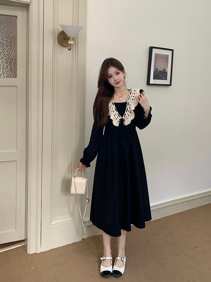 Long Sleeve Square Neck Lace Panel Midi A-Line Dress