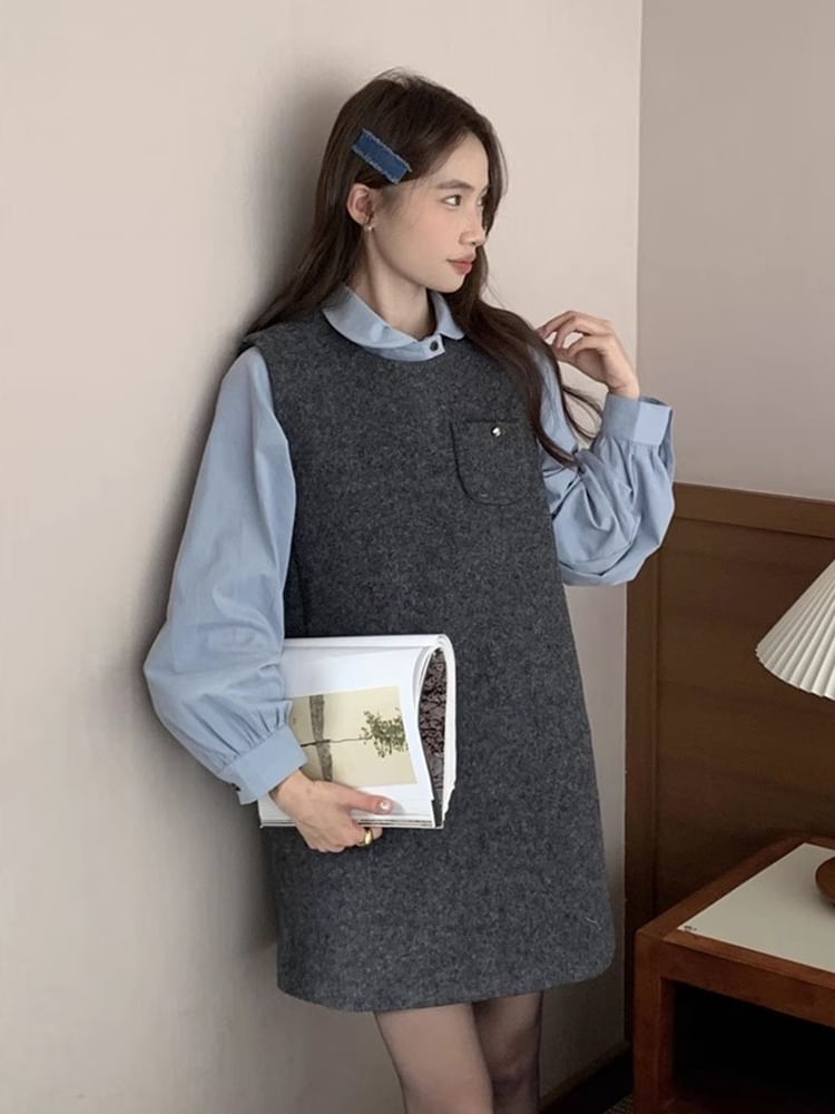 Puff-Sleeve Plain Shirt / Crew Neck Mini Jumper Dress