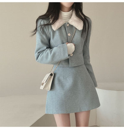 Set: Plain Fluffy Trim Single-Breasted Jacket + High Waist Mini A-Line Skirt