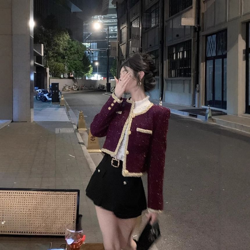 Button-Up Tweed Jacket / Spaghetti Strap Mini Bodycon Dress