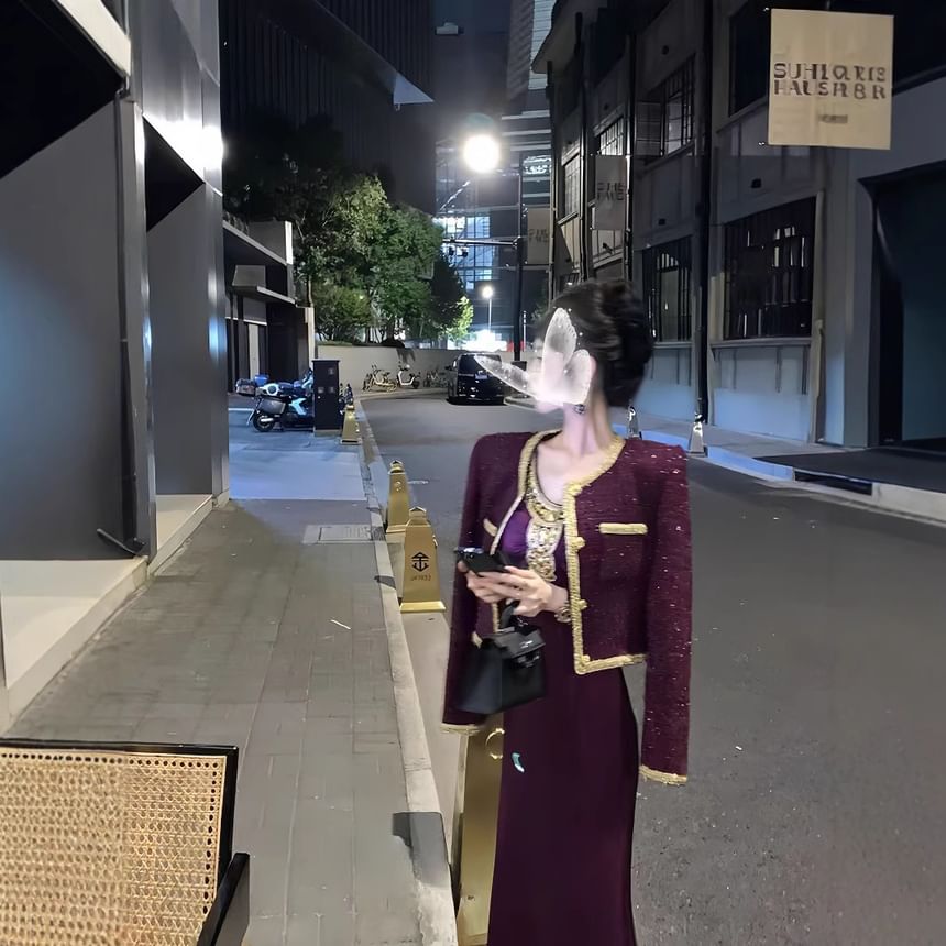 Button-Up Tweed Jacket / Spaghetti Strap Mini Bodycon Dress