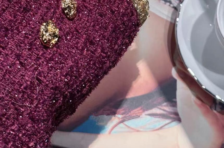 Button-Up Tweed Jacket / Spaghetti Strap Mini Bodycon Dress