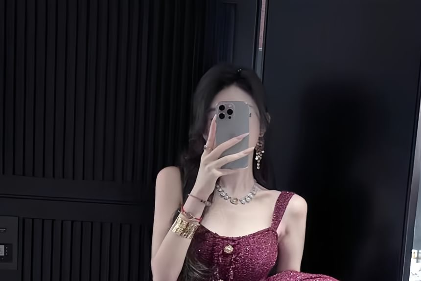 Button-Up Tweed Jacket / Spaghetti Strap Mini Bodycon Dress