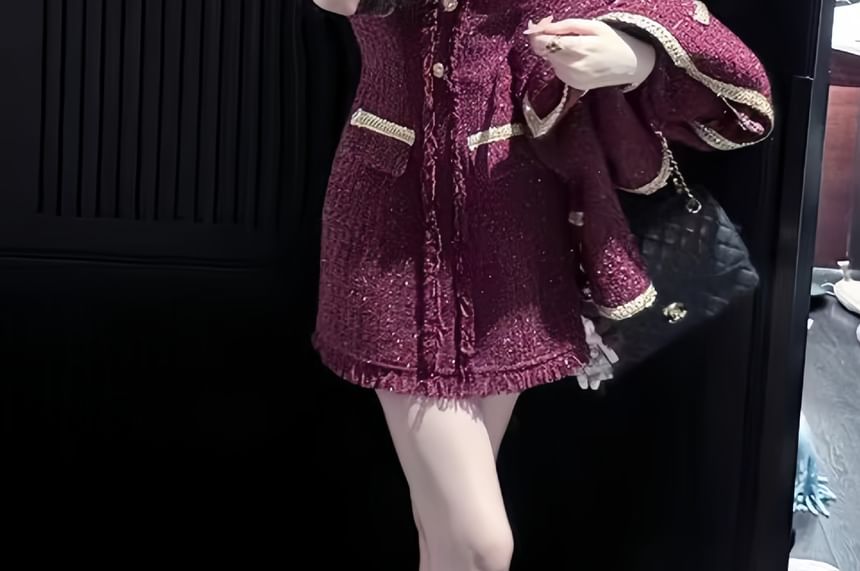 Button-Up Tweed Jacket / Spaghetti Strap Mini Bodycon Dress