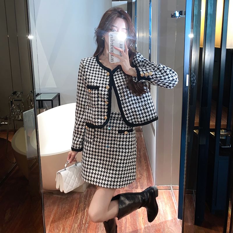 Set: Houndstooth Tweed Button-Up Jacket + High Waist Mini A-Line Skirt