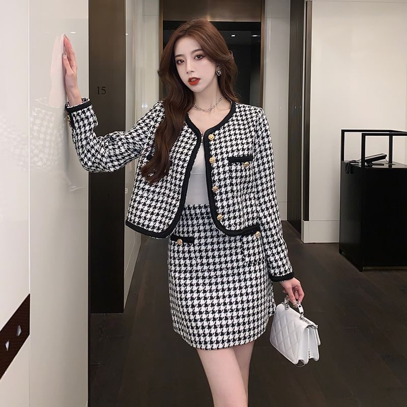 Set: Houndstooth Tweed Button-Up Jacket + High Waist Mini A-Line Skirt