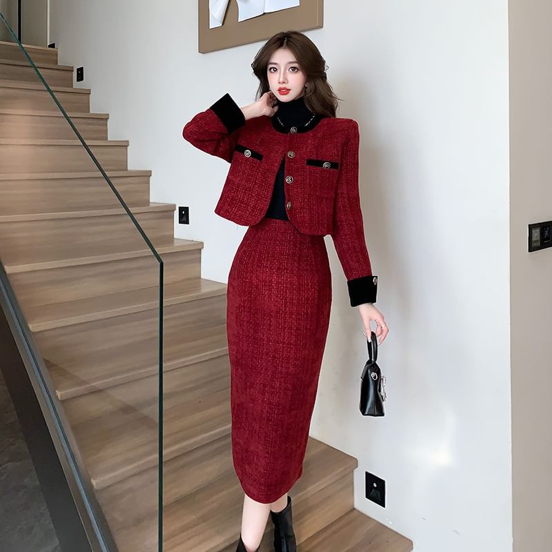 Set: Tweed Button-Up Jacket + High Waist Midi Pencil Skirt