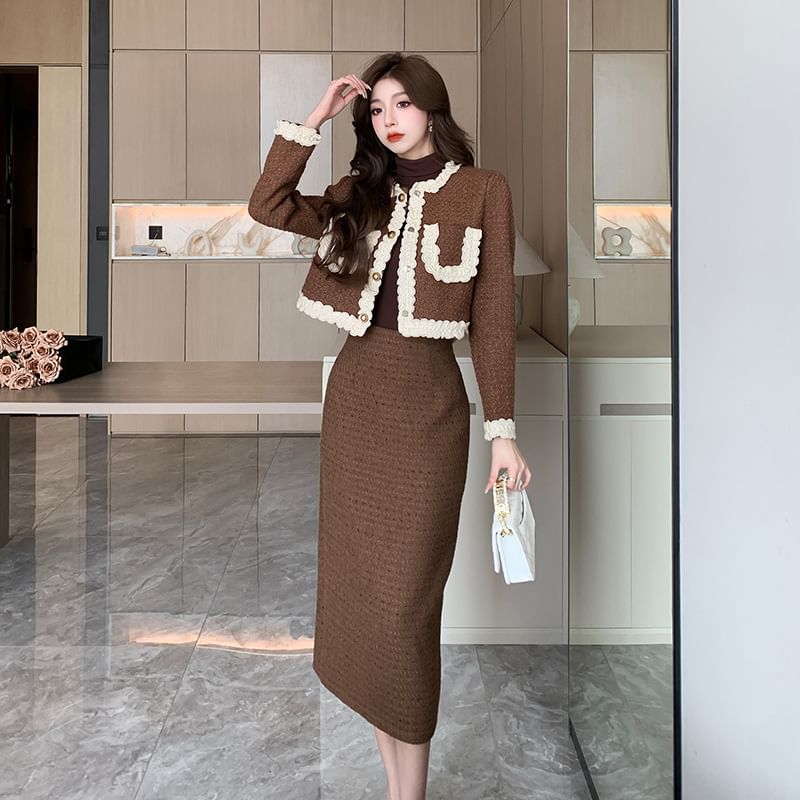 Set: Lace Trim Button-Up Jacket + High Rise Tweed Midi Pencil Skirt