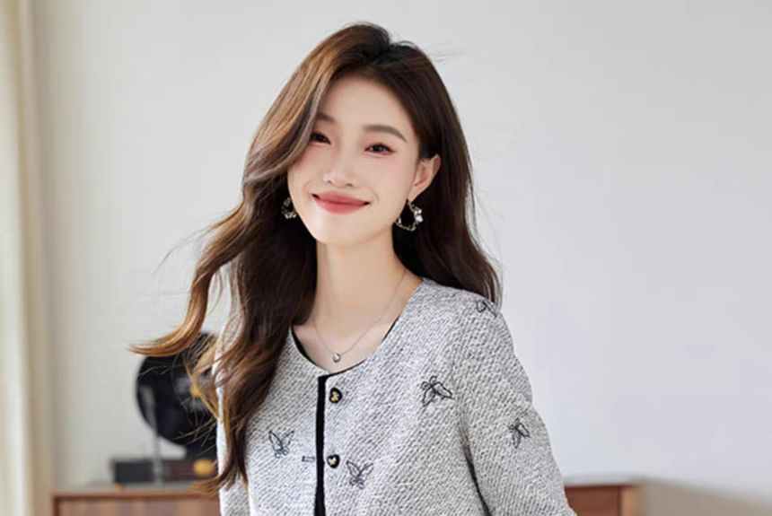 Set: Round Neck Tweed Button Jacket + High Waist Mini A-Line Skirt