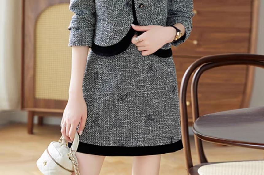 Set: Round Neck Tweed Button Jacket + High Waist Mini A-Line Skirt