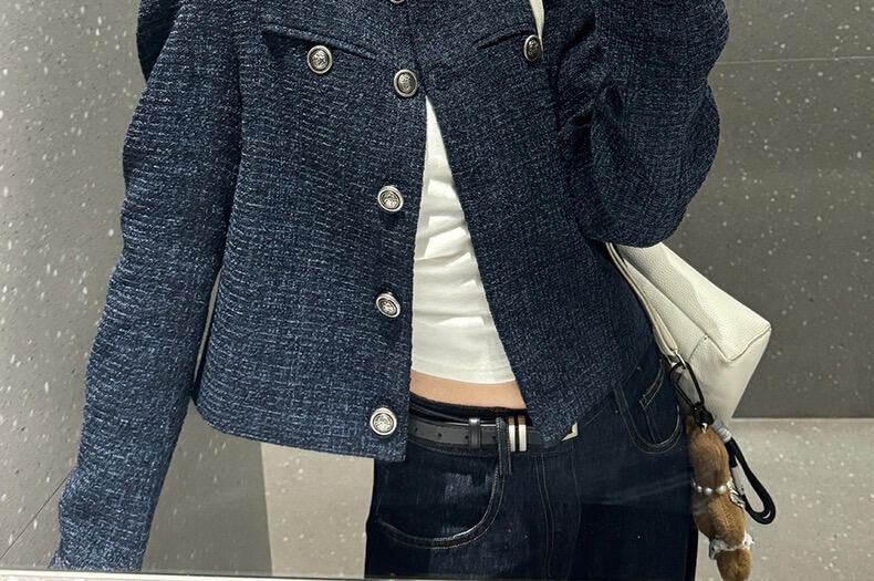 Round Neck Tweed Button Up Cropped Jacket