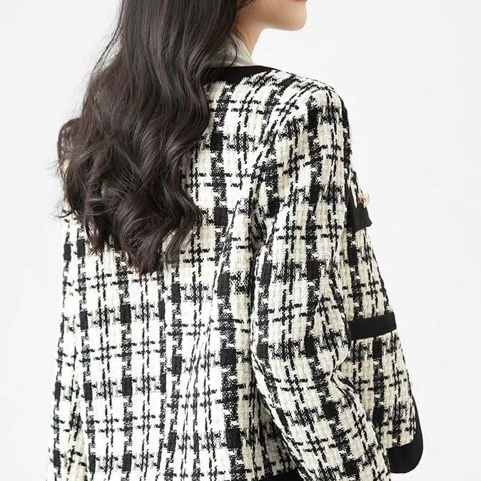 Round Neck Houndstooth Tweed Button Cropped Jacket