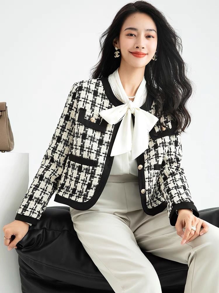 Round Neck Houndstooth Tweed Button Cropped Jacket