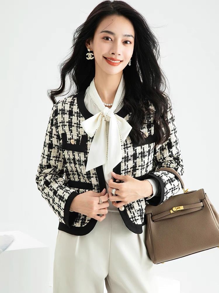 Round Neck Houndstooth Tweed Button Cropped Jacket