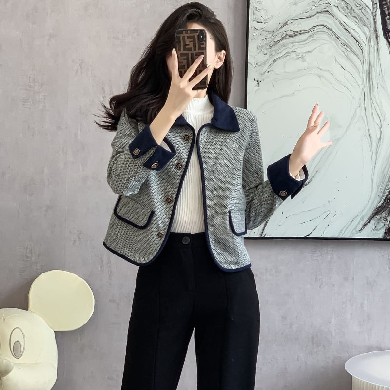Lapel Collar Two Tone Button Cropped Tweed Jacket