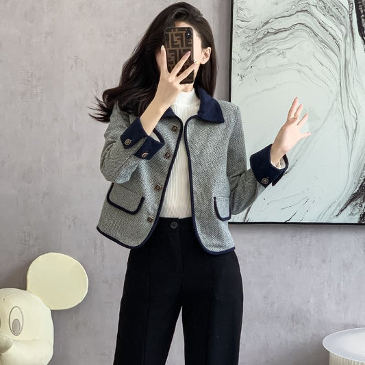 Lapel Collar Two Tone Button Cropped Tweed Jacket