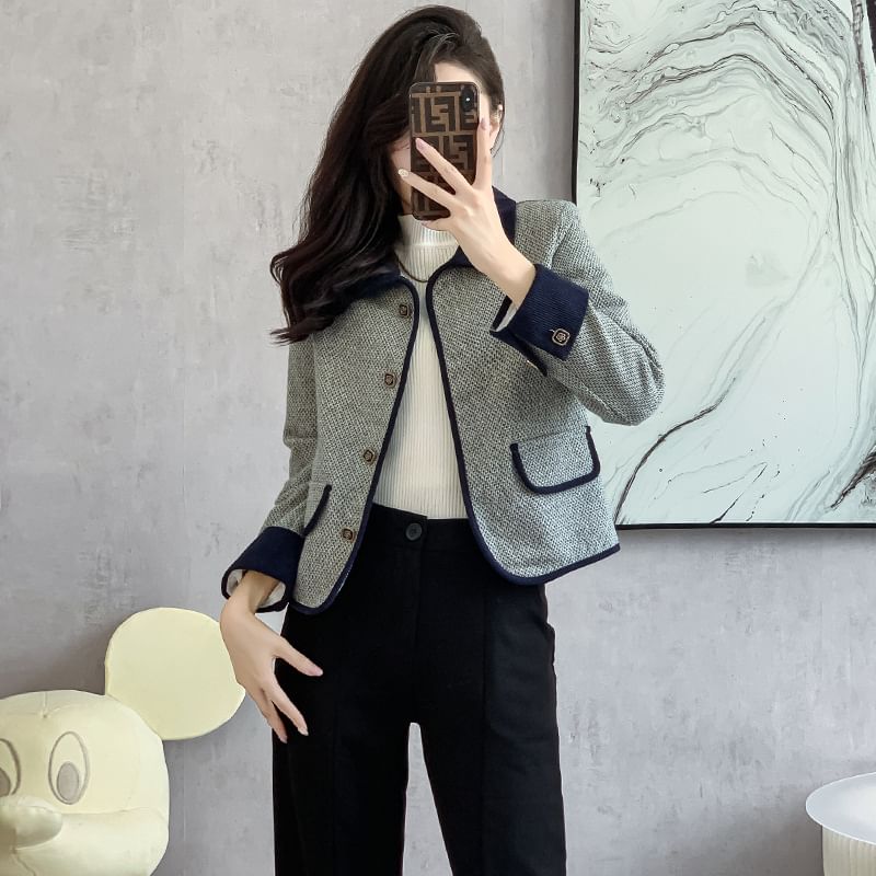 Lapel Collar Two Tone Button Cropped Tweed Jacket