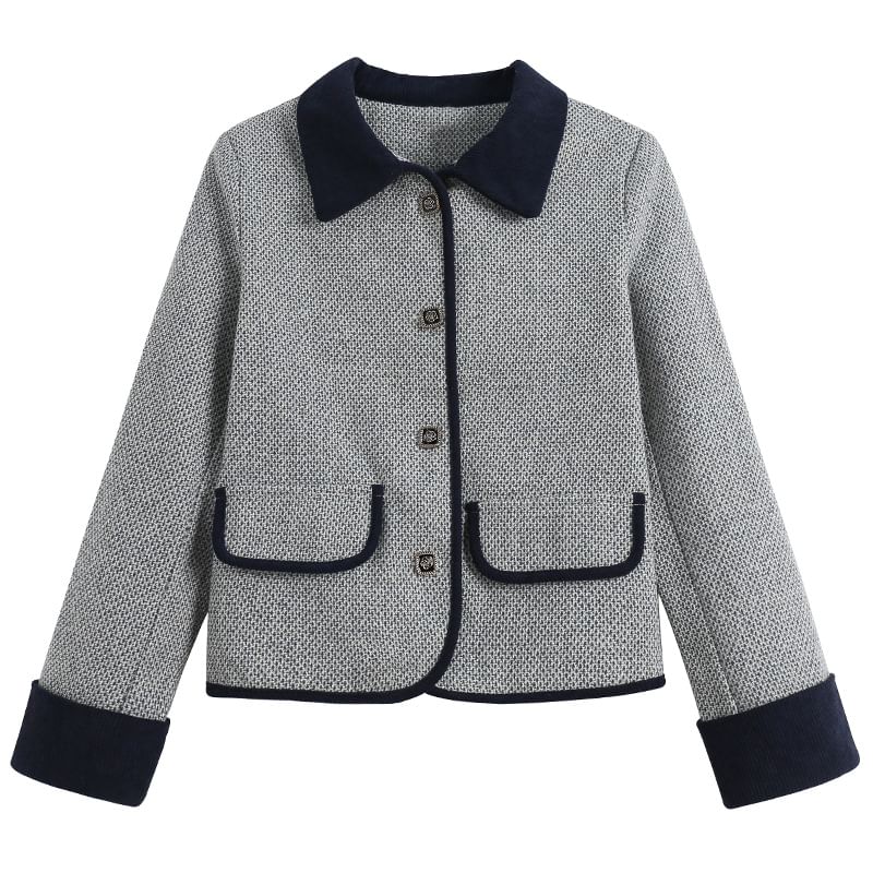Lapel Collar Two Tone Button Cropped Tweed Jacket