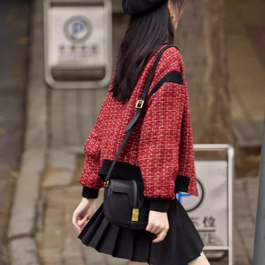 Round Neck Tweed Button Cropped Jacket