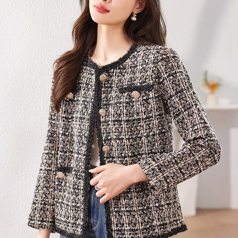 Round Neck Tweed Cropped Button Jacket
