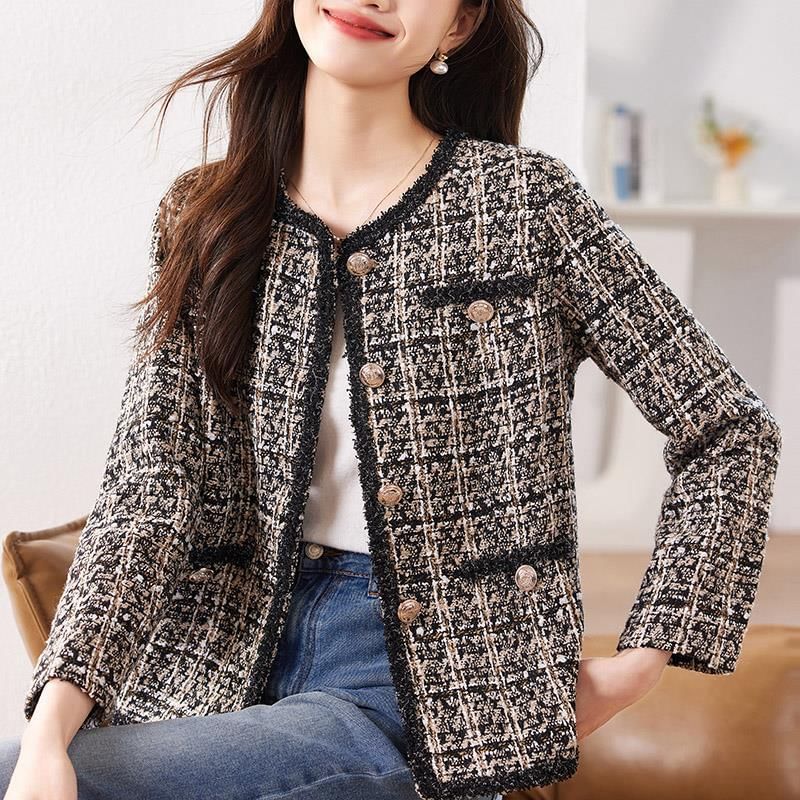 Round Neck Tweed Cropped Button Jacket