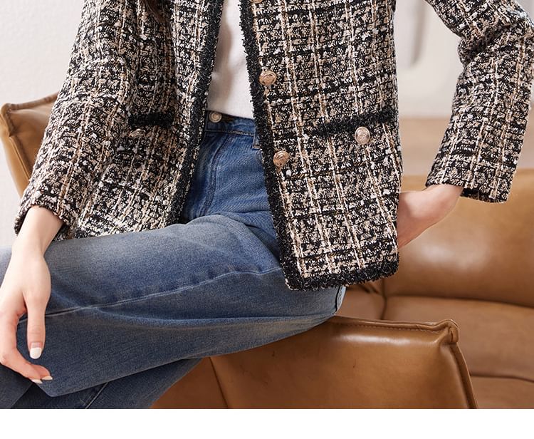 Round Neck Tweed Cropped Button Jacket