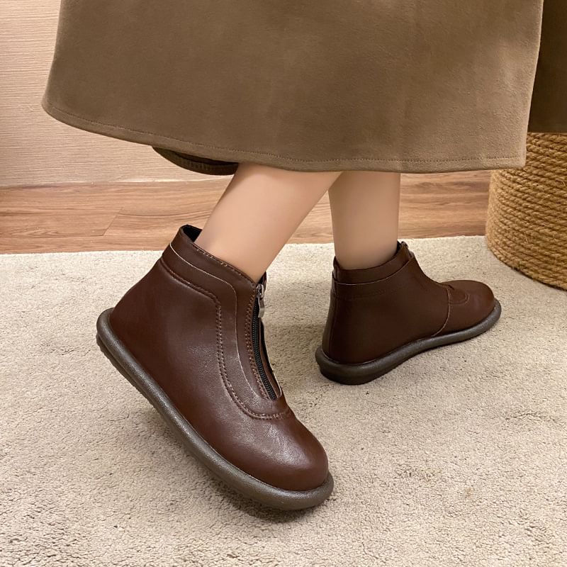 Faux Leather Zip-Up Plain Boots Short