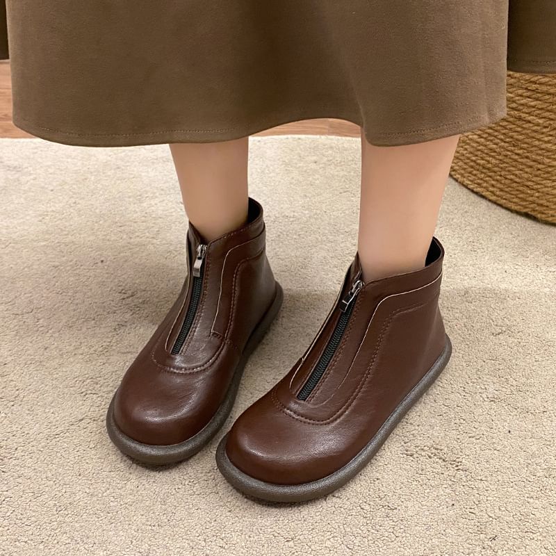 Faux Leather Zip-Up Plain Boots Short