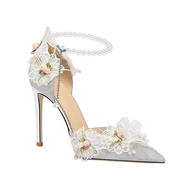 Accent Pointed Floral Ankle Faux Pumps D'Orsay Strap Toe Stiletto Pearl