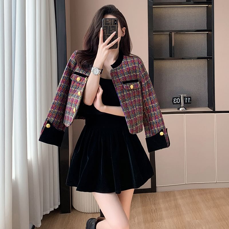 Round Neck Plaid Tweed Button Jacket / High Waist Plain Velvet Mini A-Line Skirt / Set