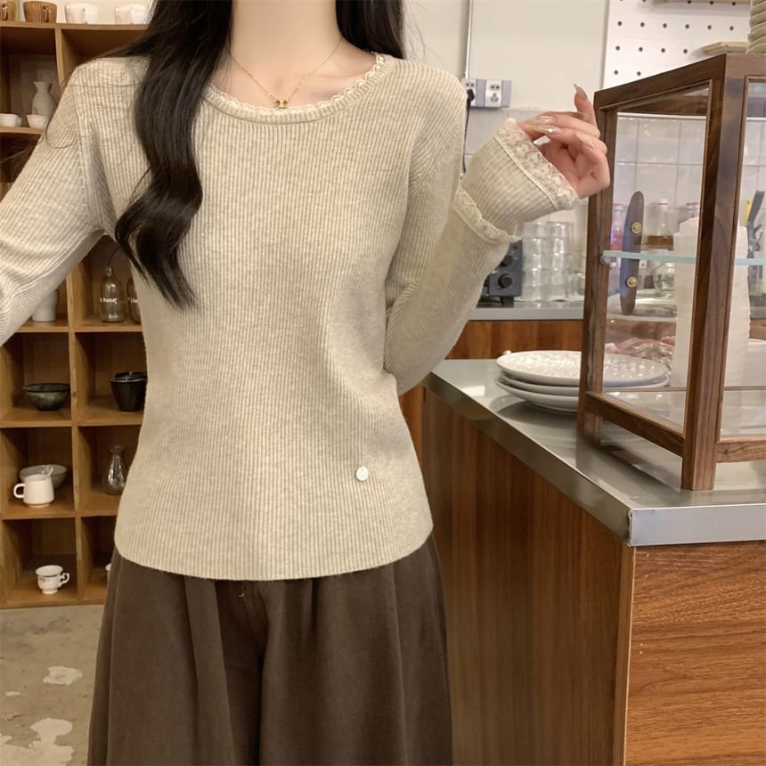 Long-Sleeve Round Neck Lace Trim Slim Fit Knit Top