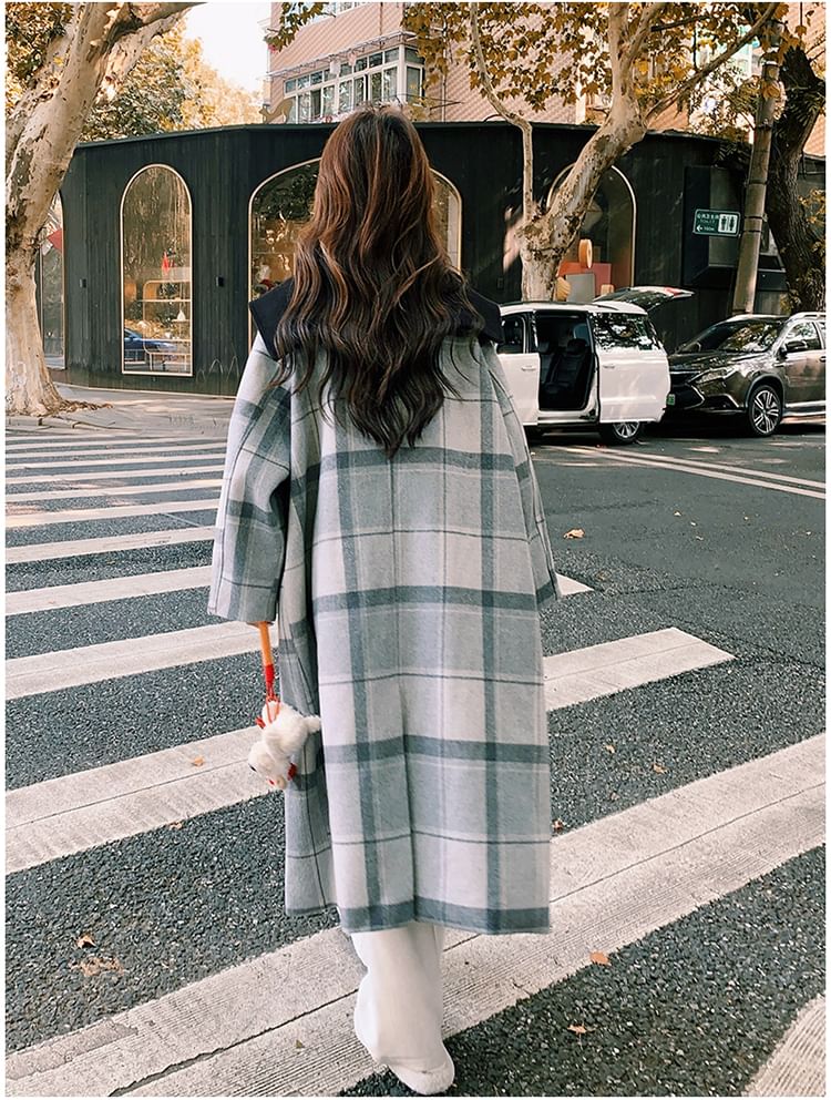 Collared Plaid Button-Up Long Coat