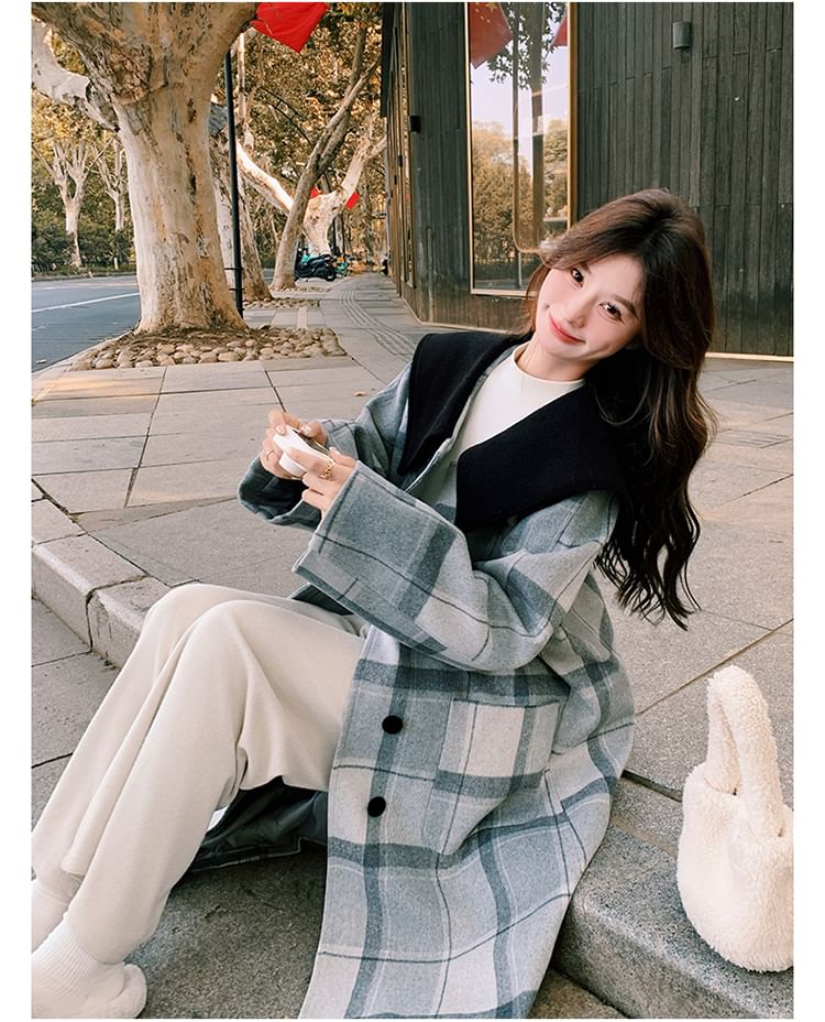 Collared Plaid Button-Up Long Coat