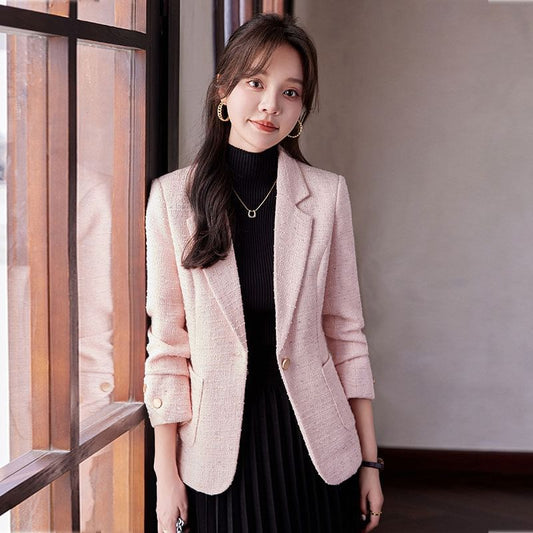 Lapel Collar Plain Tweed Single Button Blazer