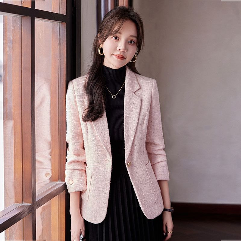 Lapel Collar Plain Tweed Single Button Blazer