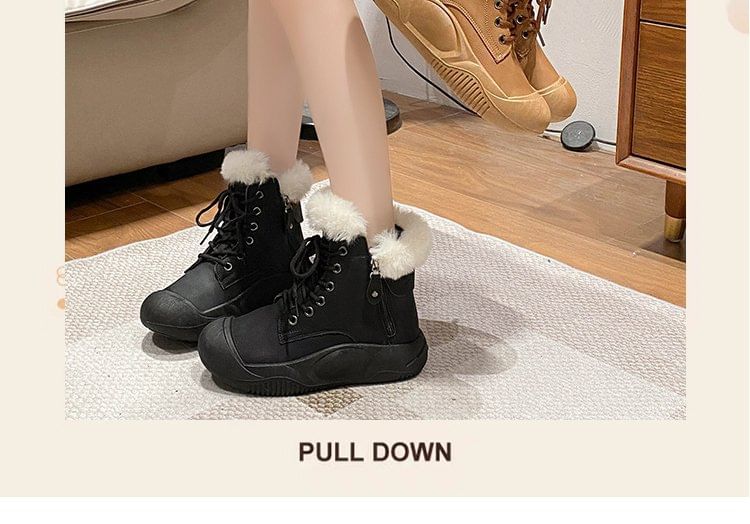 Fluffy Trim Plain Lace-Up Short Boots