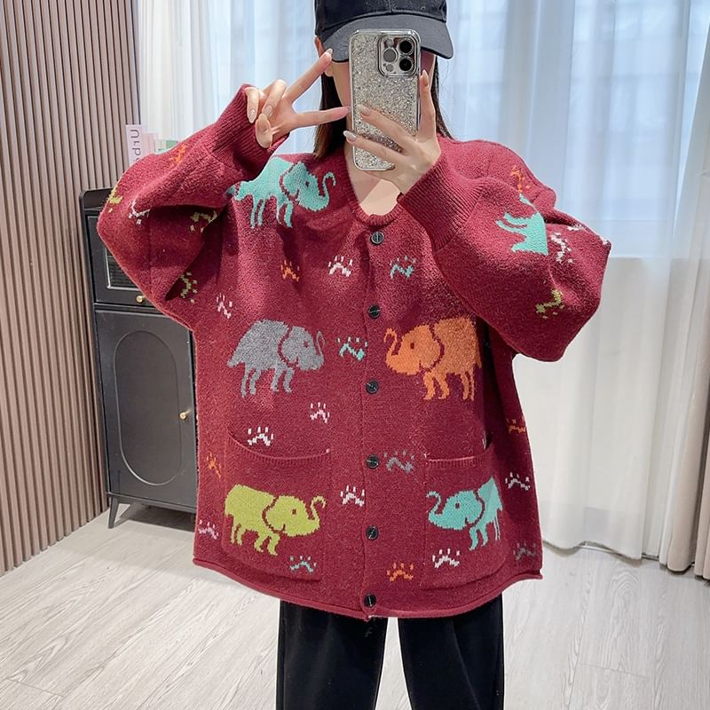 Round Neck Elephant Jacquard Cardigan