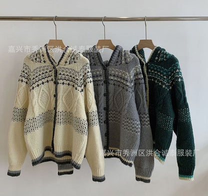 Contrast Trim Jacquard Hooded Cardigan