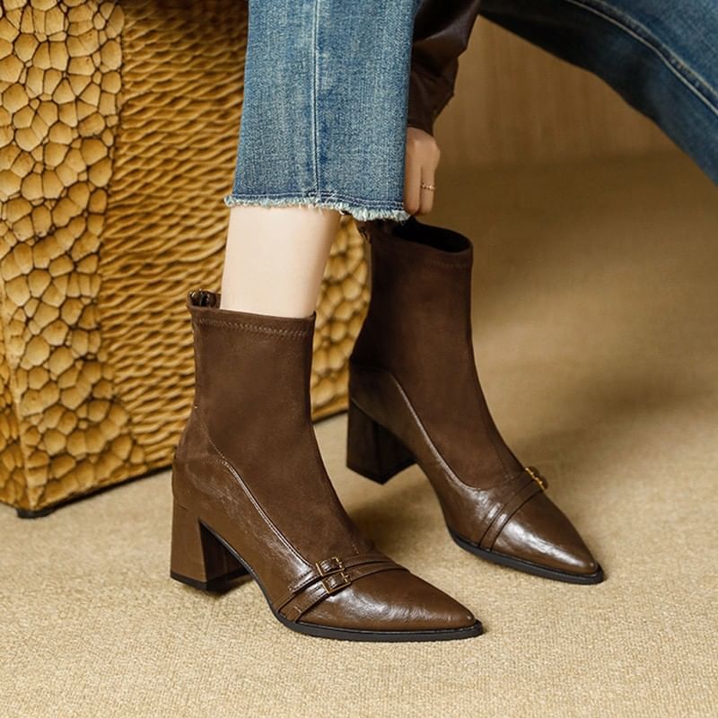 Heel Short Block Boots Pointed