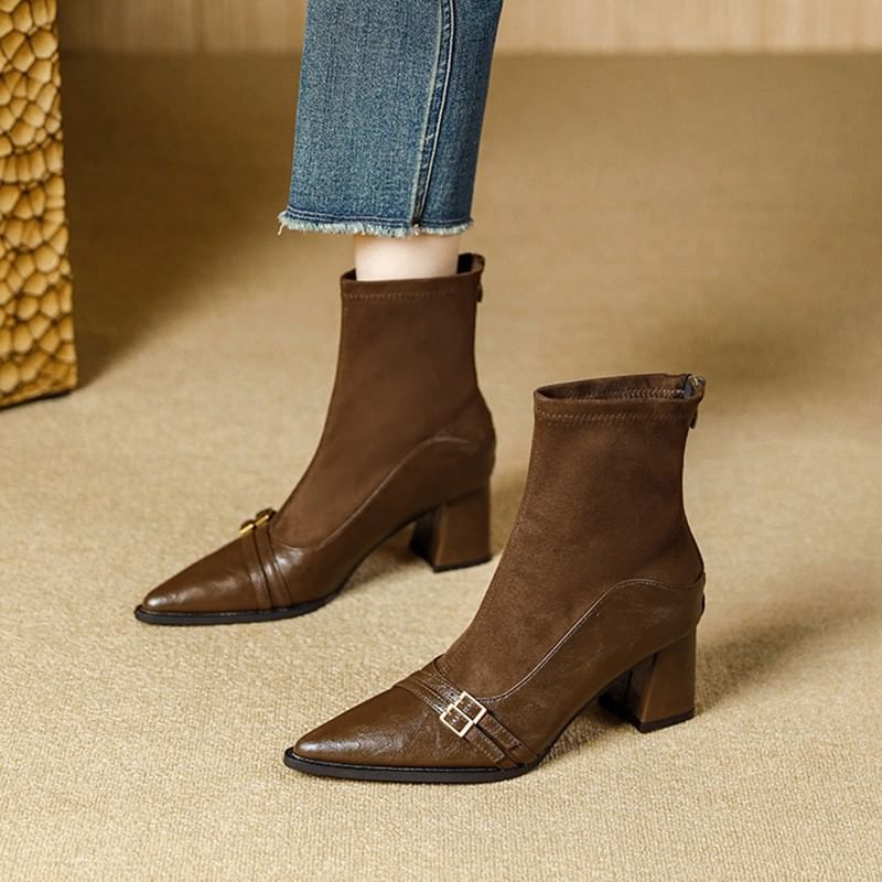 Heel Short Block Boots Pointed