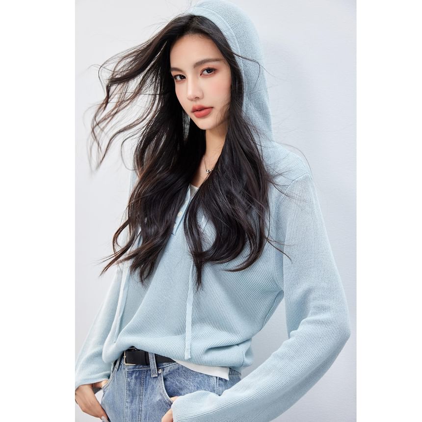 Two Hoodie Mock Two-Piece V-Neck Knit Tone