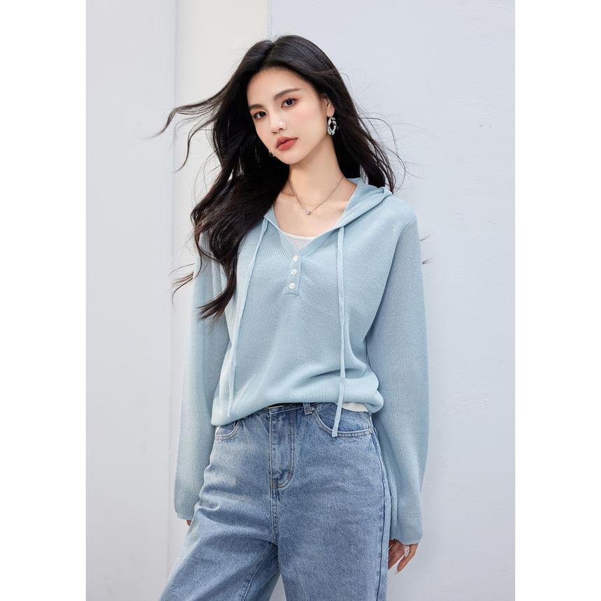 Two Hoodie Mock Two-Piece V-Neck Knit Tone