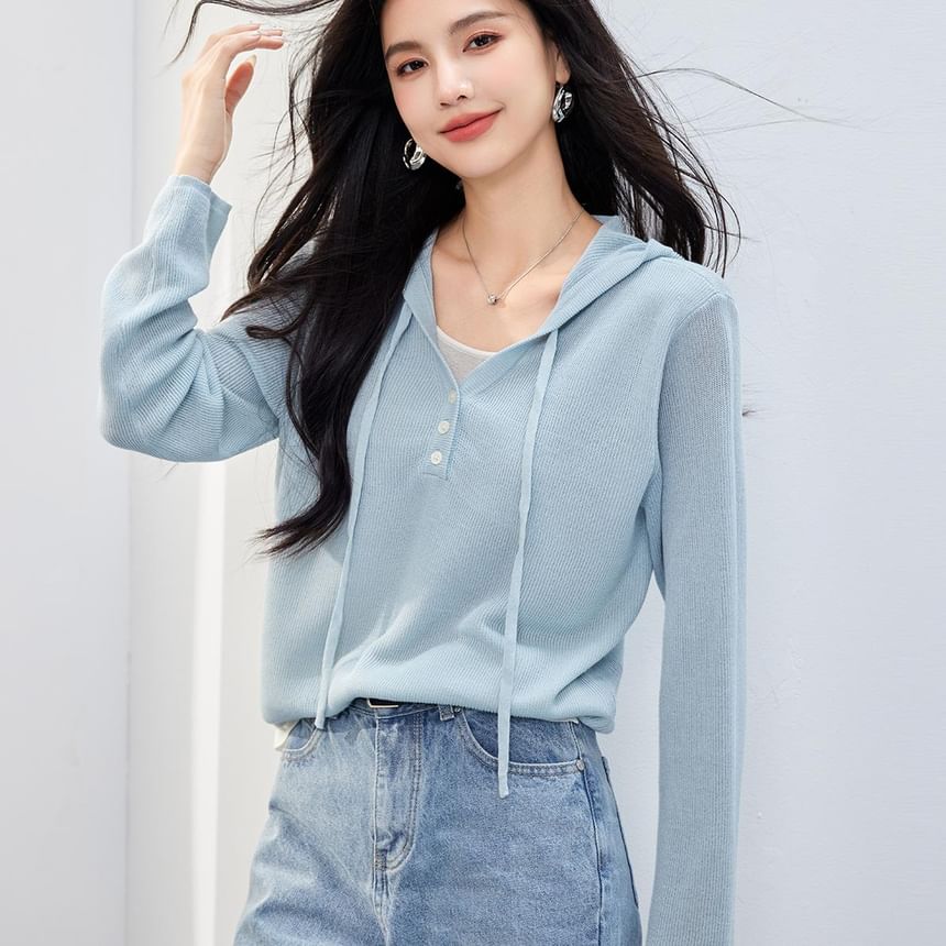 Two Hoodie Mock Two-Piece V-Neck Knit Tone