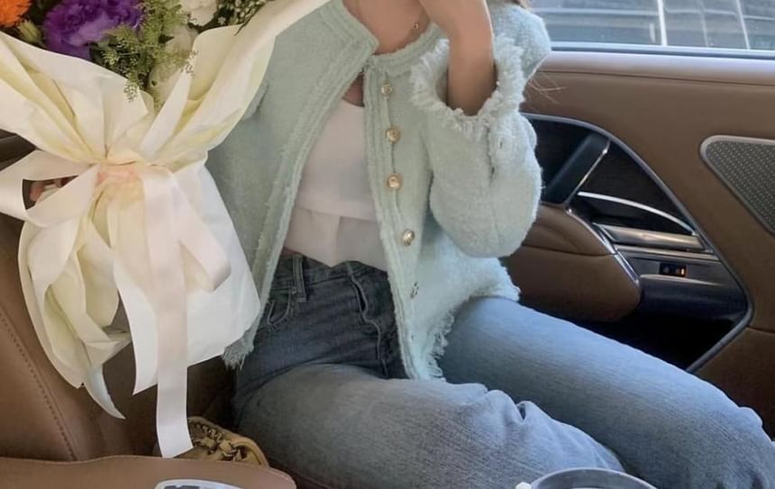 V-Neck Tweed Button-Up Jacket