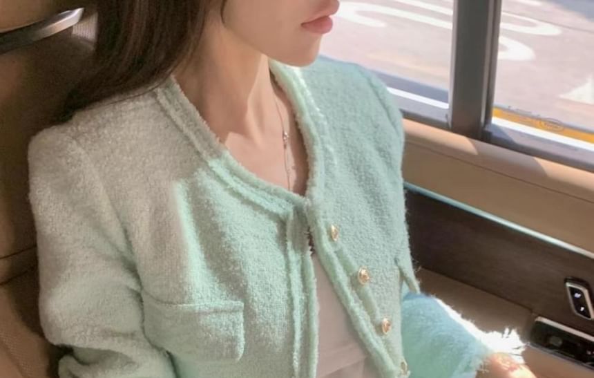 V-Neck Tweed Button-Up Jacket