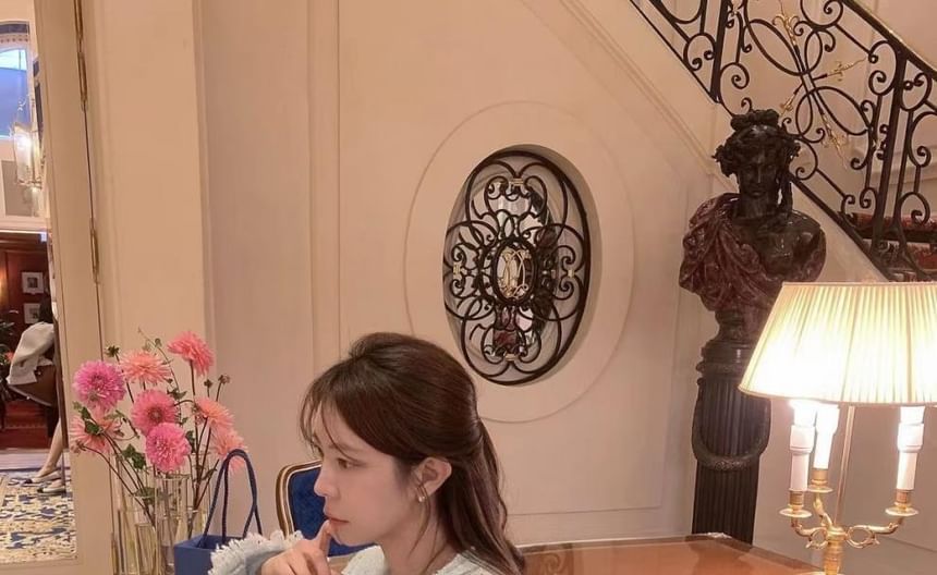 V-Neck Tweed Button-Up Jacket