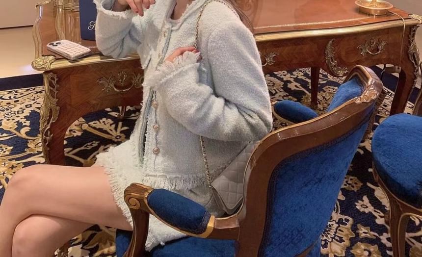 V-Neck Tweed Button-Up Jacket